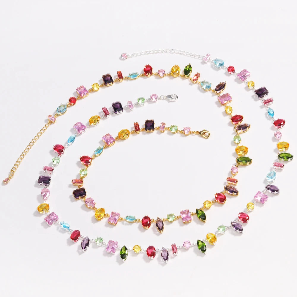 Kyrlune Gold Rainbow Crystal Tennis Necklace