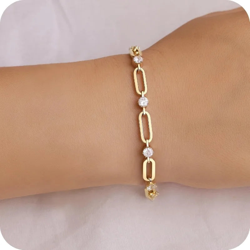 Kyrlune Gold CZ Paperclip Chain Bracelet