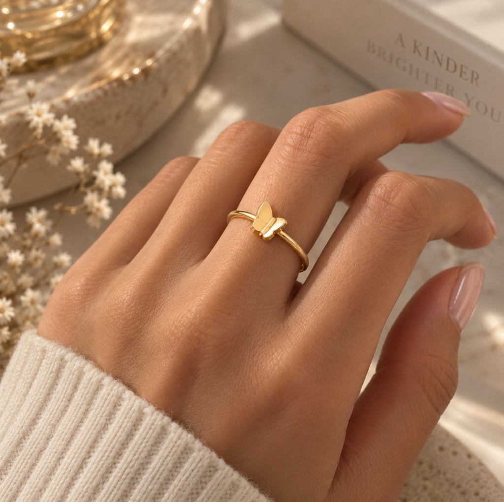 Kyrlune Gold Butterfly Ring worn on hand