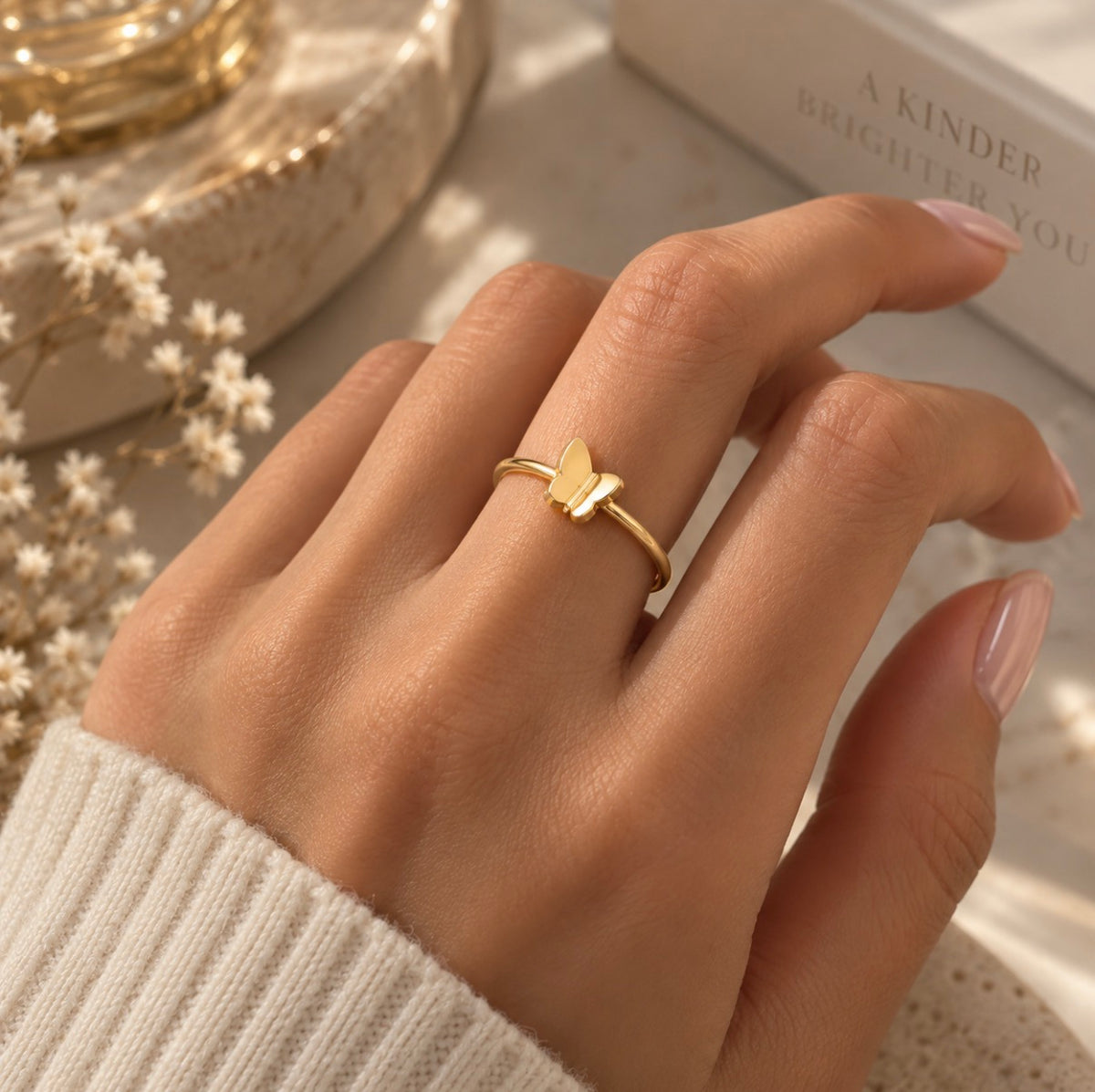 Kyrlune Gold Butterfly Ring worn on hand