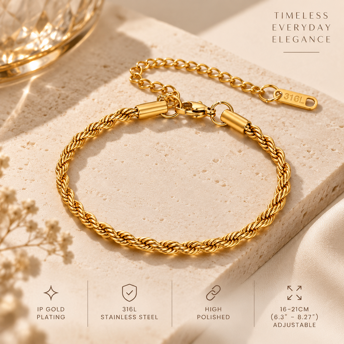Kyrlune Gold Rope Chain Bracelet, 316L stainless steel with IP gold plating, adjustable 16-21cm