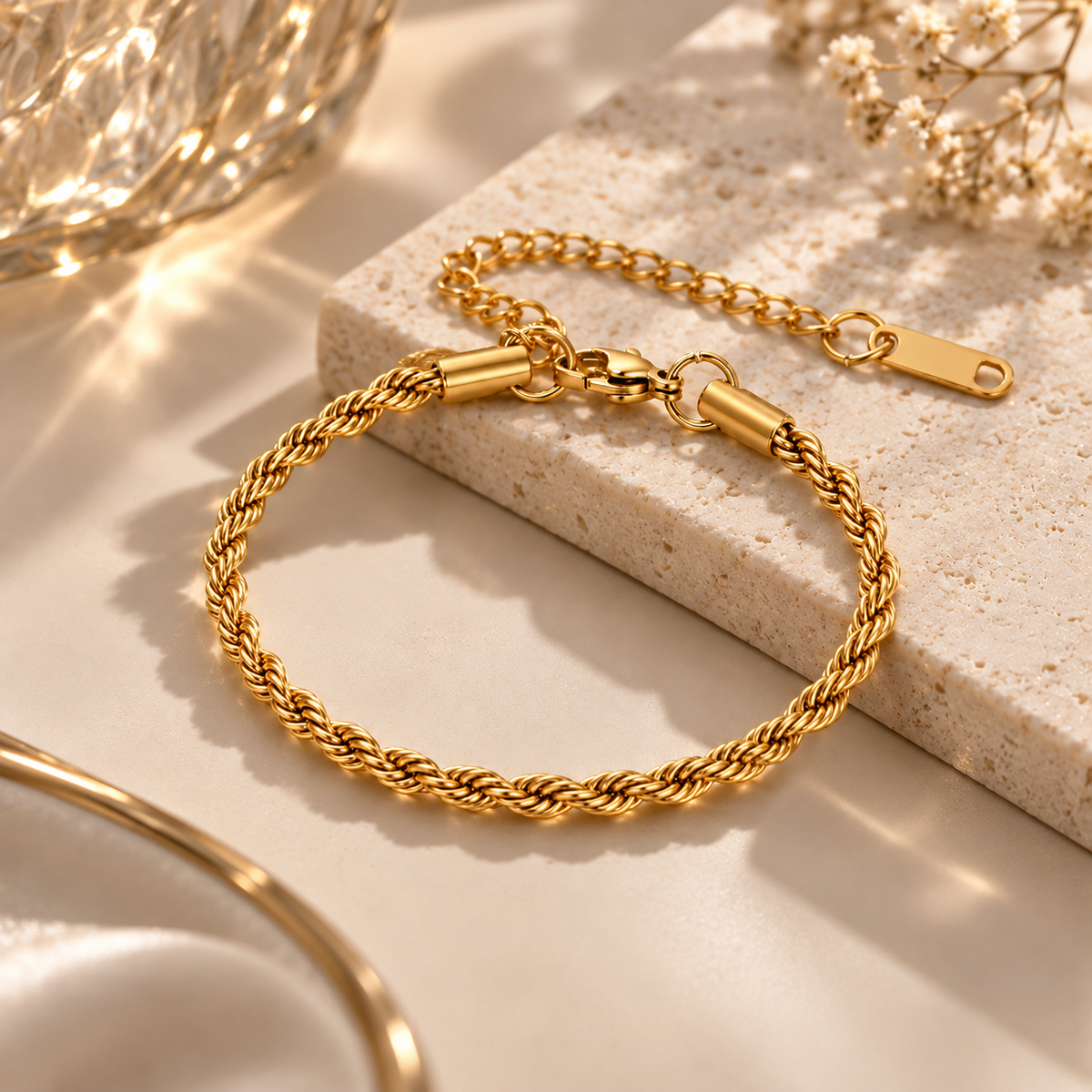 Kyrlune Gold Rope Chain Bracelet with lobster clasp and extender chain